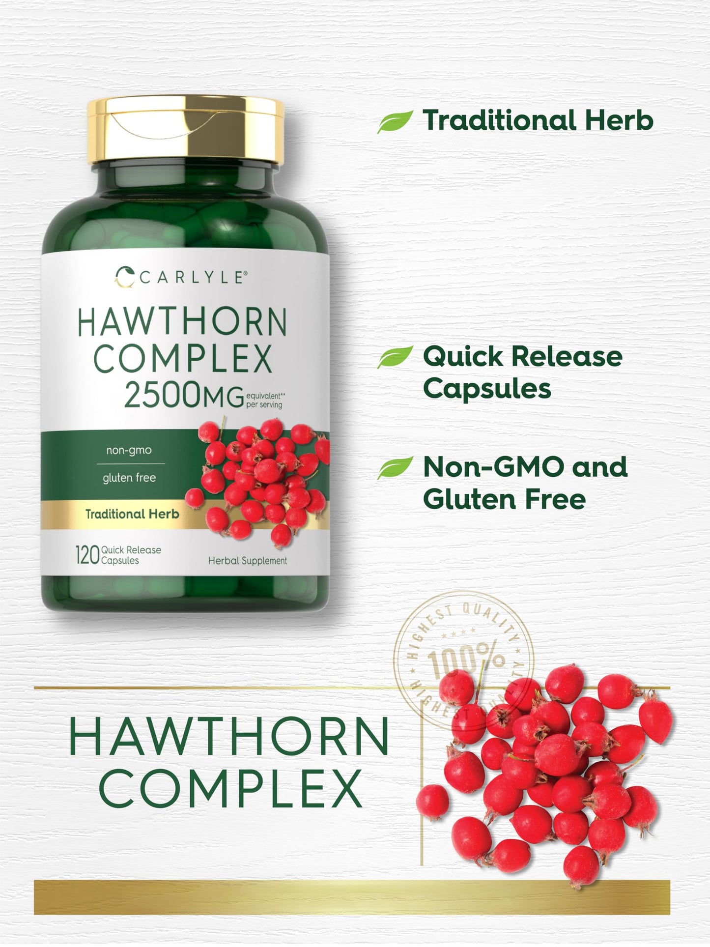Close-up of Carlyle Hawthorn Berry 120 capsules showing quick-release capsule format.