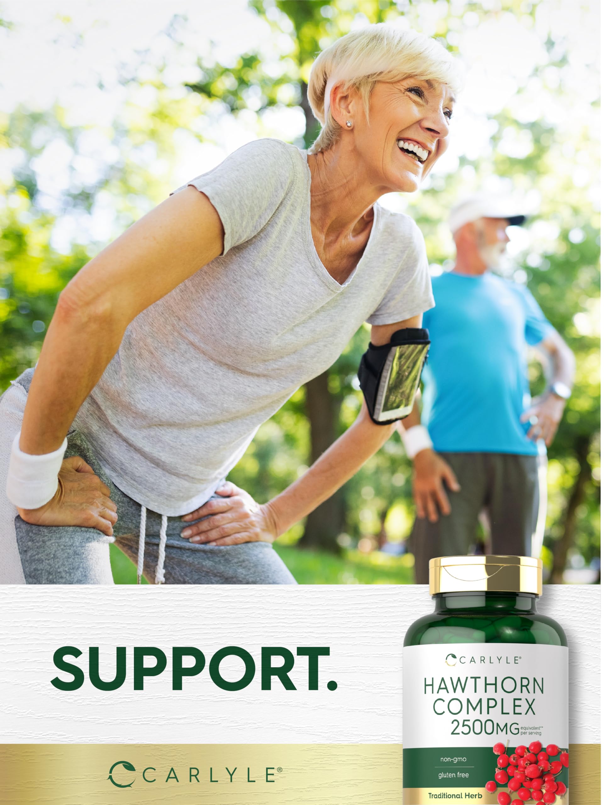 Carlyle Hawthorn Berry herbal extract supplement packaging showing directions and safety warnings.