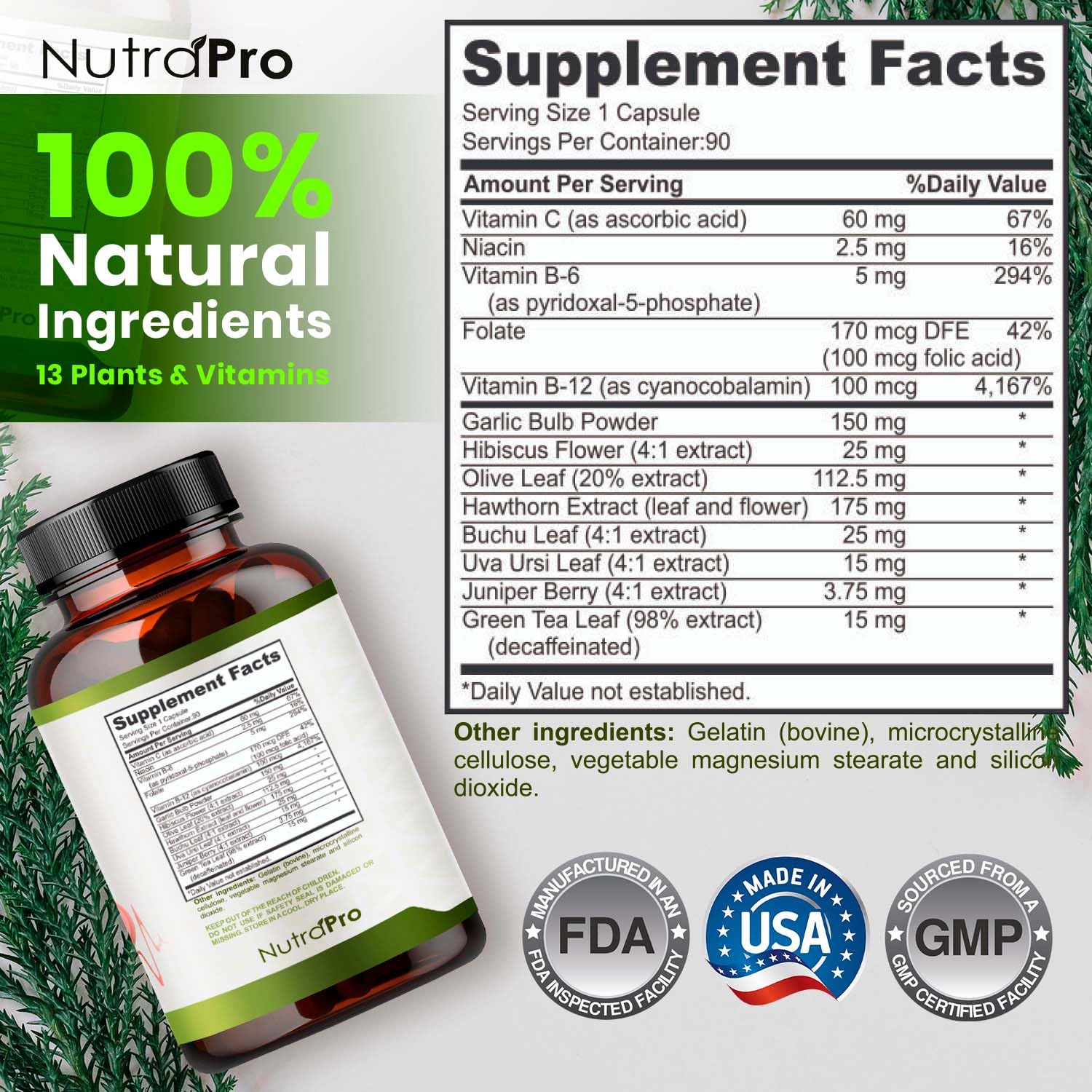 Side angle of NutraPro imported heart health capsules bottle detailing the nutritional supplement facts panel