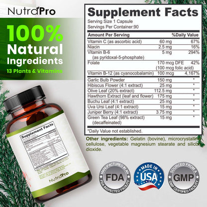 Side angle of NutraPro imported heart health capsules bottle detailing the nutritional supplement facts panel