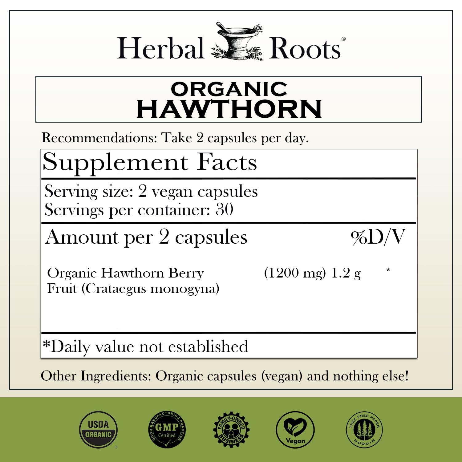 Herbal Roots Organic Hawthorn Berry heart health supplement showing organic and vegan certifications