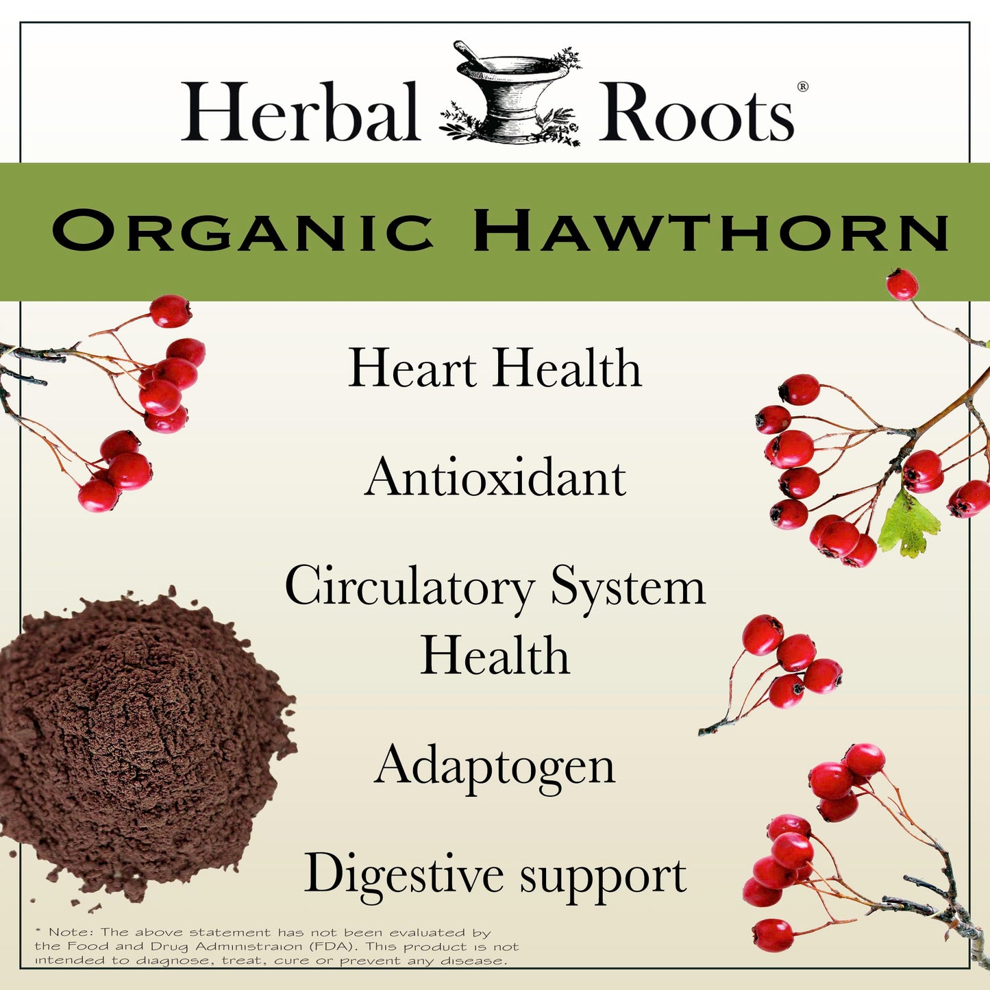 Back label of Herbal Roots extra strength hawthorn berry capsules displaying ingredients and serving size details