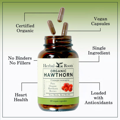 Herbal Roots USA imported cardiovascular supplement bottle placed upright alongside loose vegan capsules