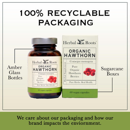 Close up view of the pure herbal extract details on the Herbal Roots hawthorn berry dietary supplement packaging