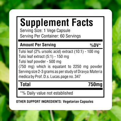 Back label of HerbsForever Tulsi capsules showing supplement facts