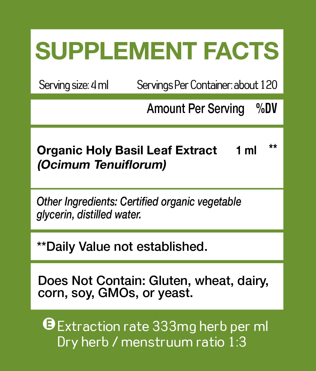 KingHealth organic Tulsi liquid drops nutritional label