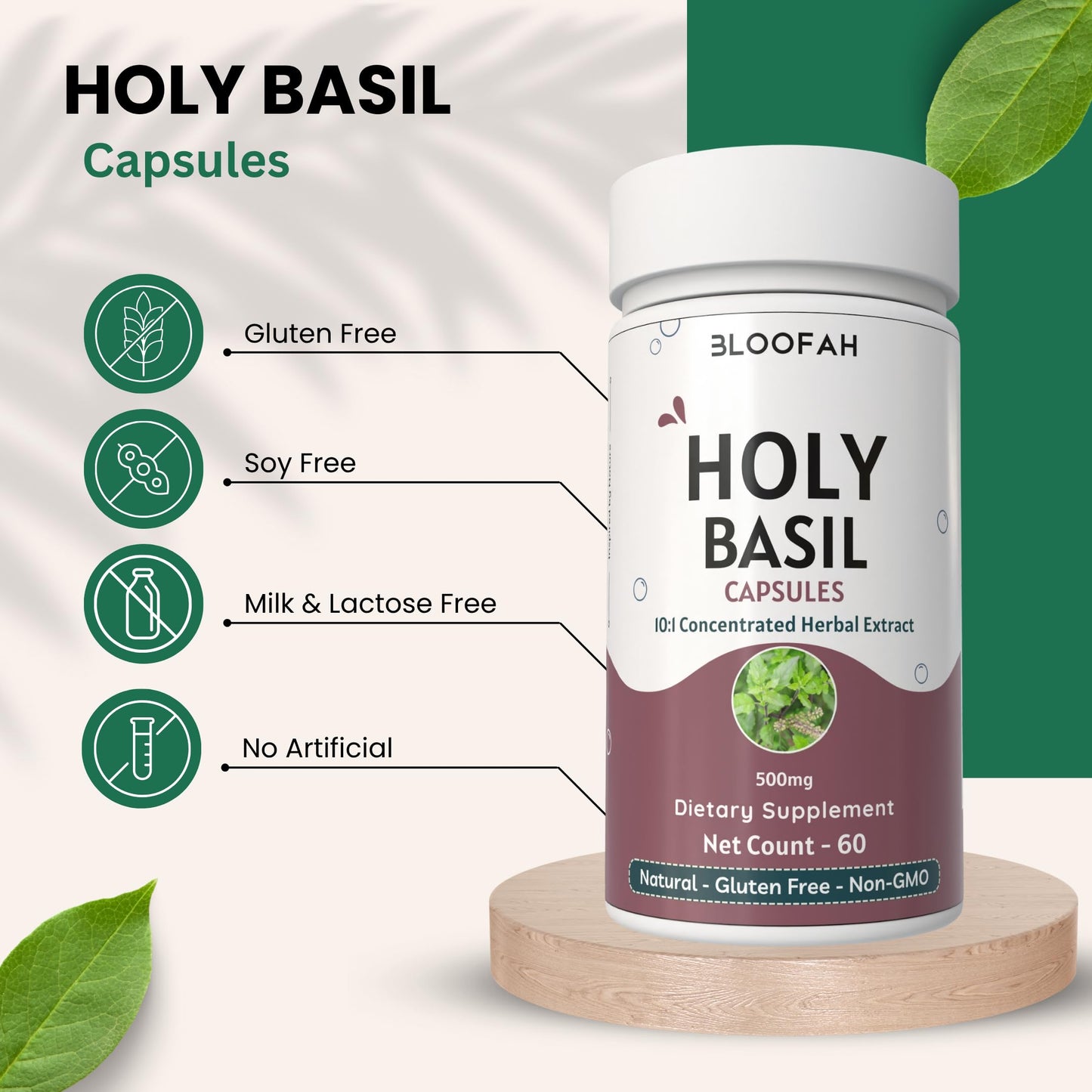Side profile of Bloofah Holy Basil bottle with ingredient list