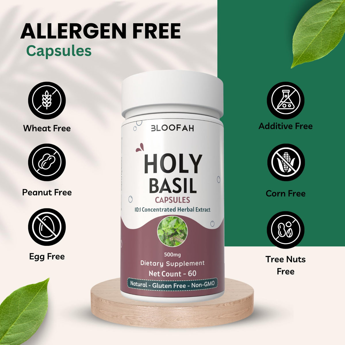 Top view of Bloofah Holy Basil dietary supplement packaging