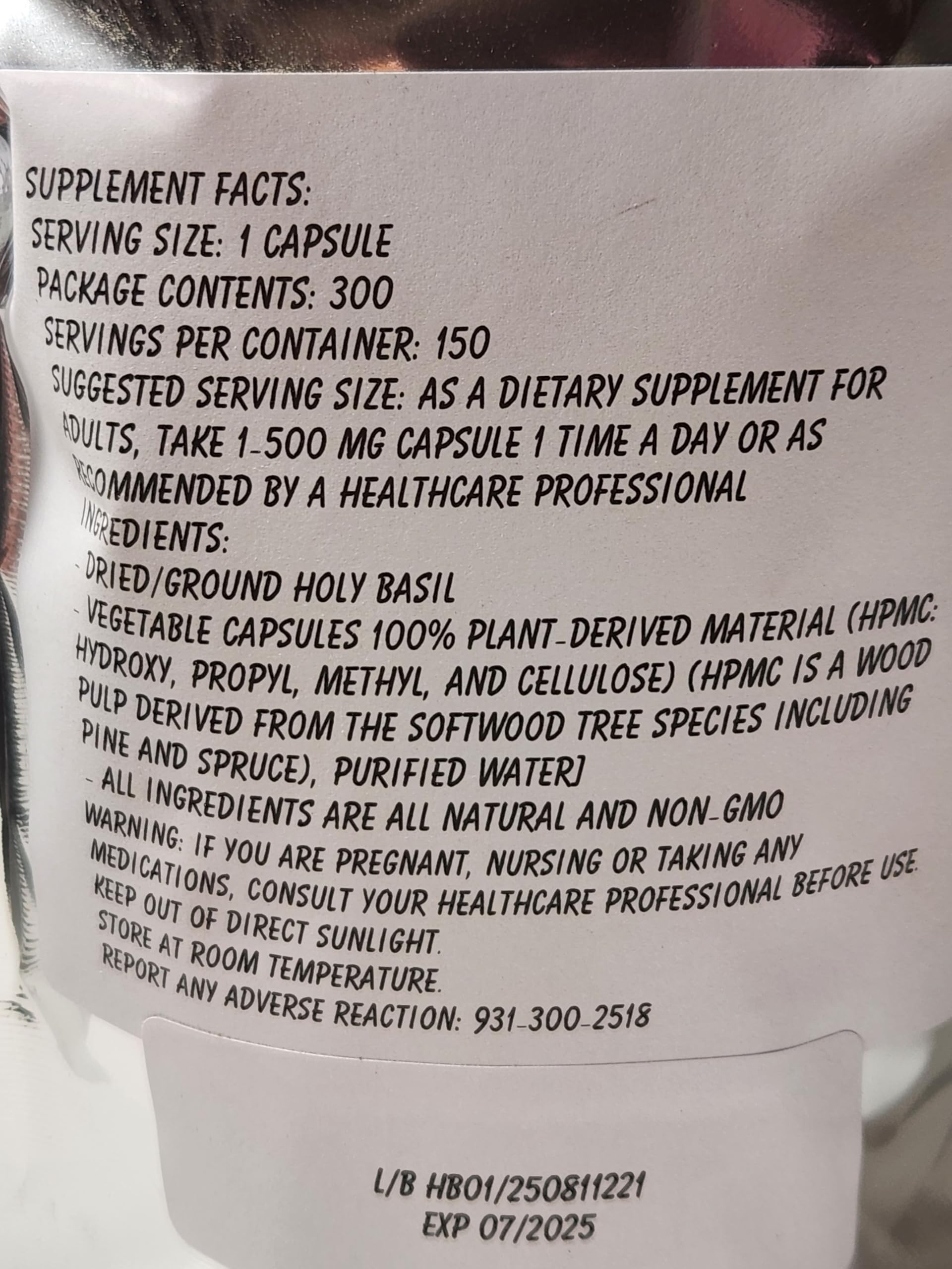 Paisley Farm and Crafts Holy Basil supplement pouch packaging details