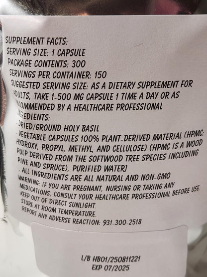 Paisley Farm and Crafts Holy Basil supplement pouch packaging details