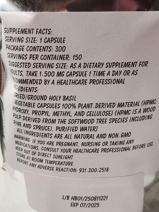 Paisley Farm and Crafts Holy Basil supplement pouch packaging details