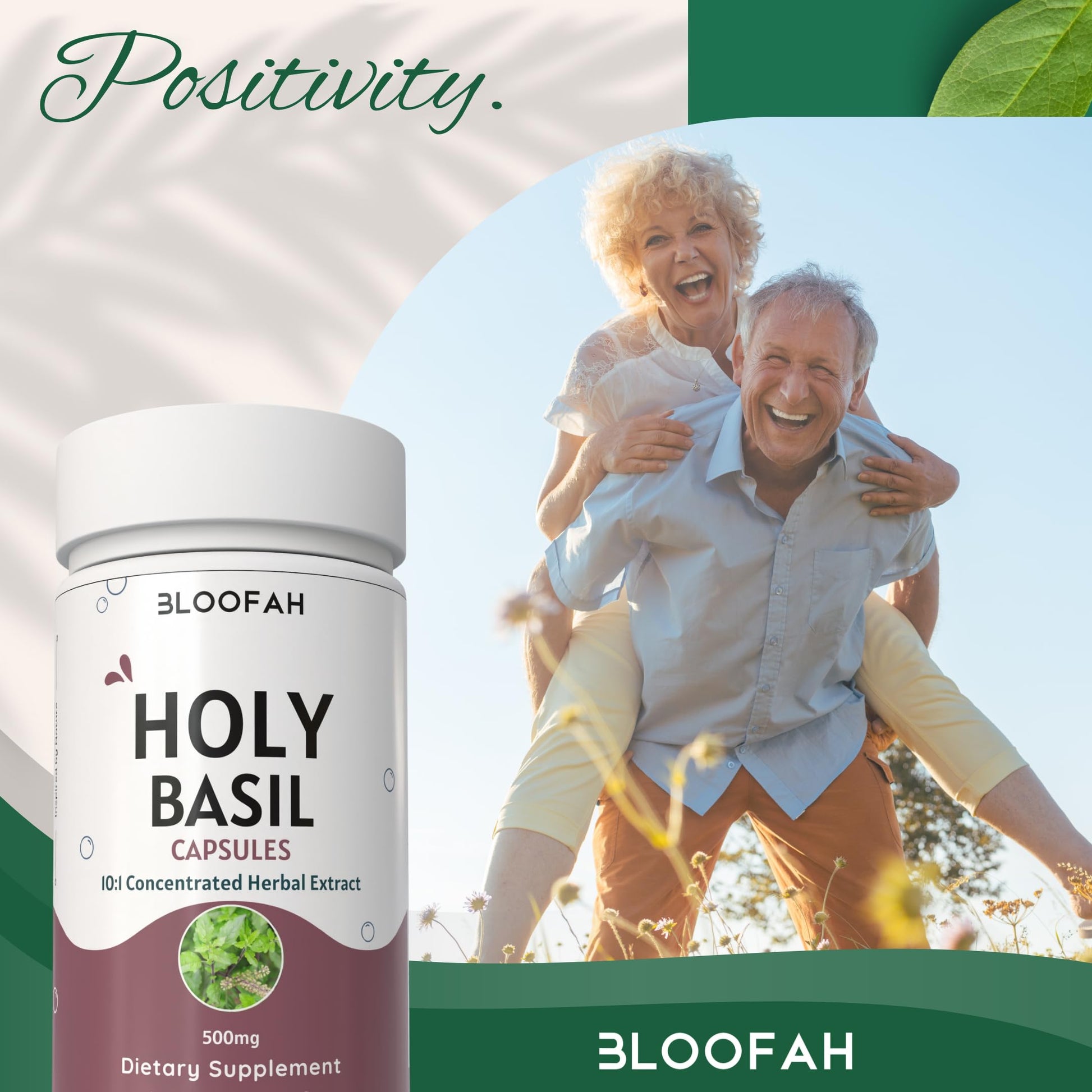 Close up of 500mg Holy Basil capsule bottle branding