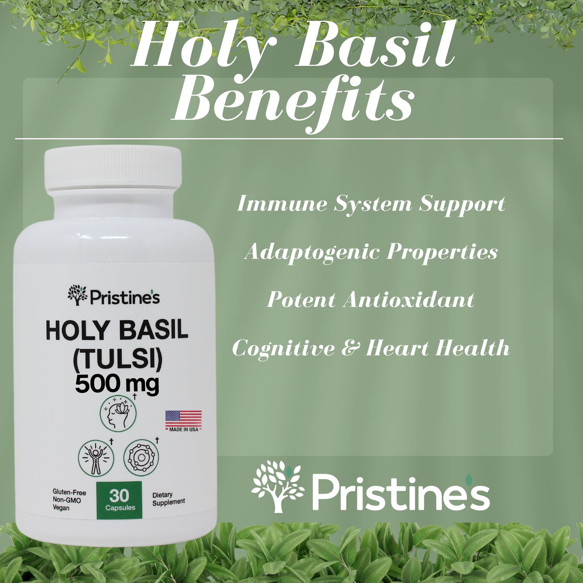 Pristines Tulsi adaptogen supplement 30 capsules packaging