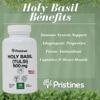 Pristines Tulsi adaptogen supplement 30 capsules packaging
