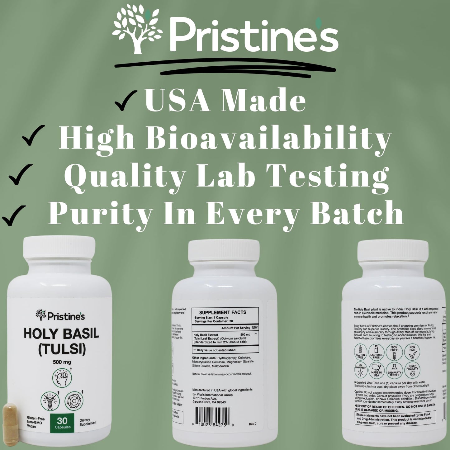 Top view of Pristines Holy Basil 500mg bottle