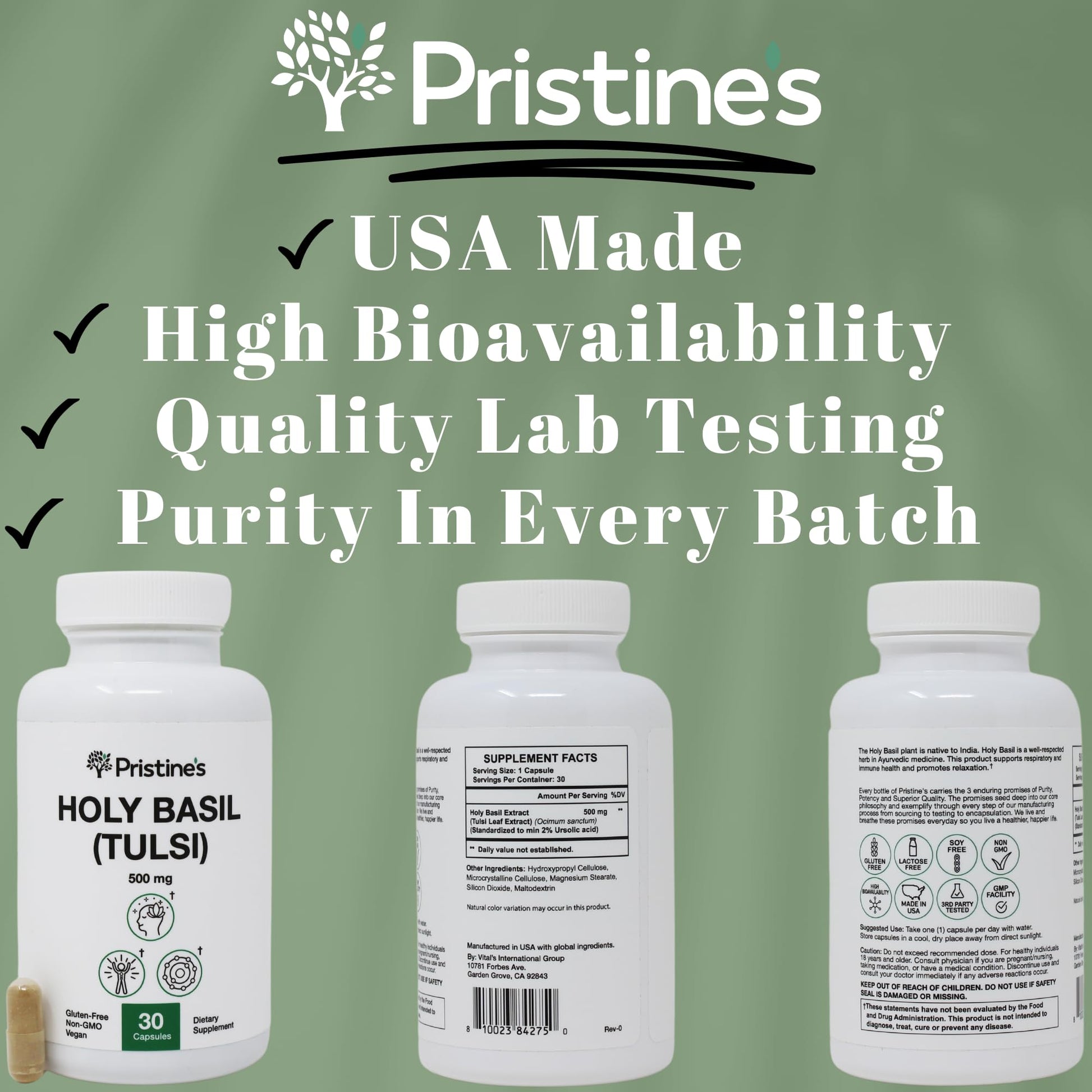 Top view of Pristines Holy Basil 500mg bottle