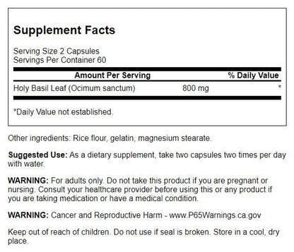 Close up of Swanson Tulsi capsules label details