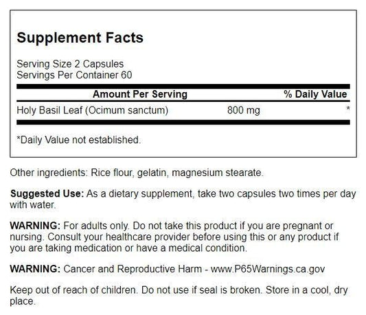Close up of Swanson Tulsi capsules label details