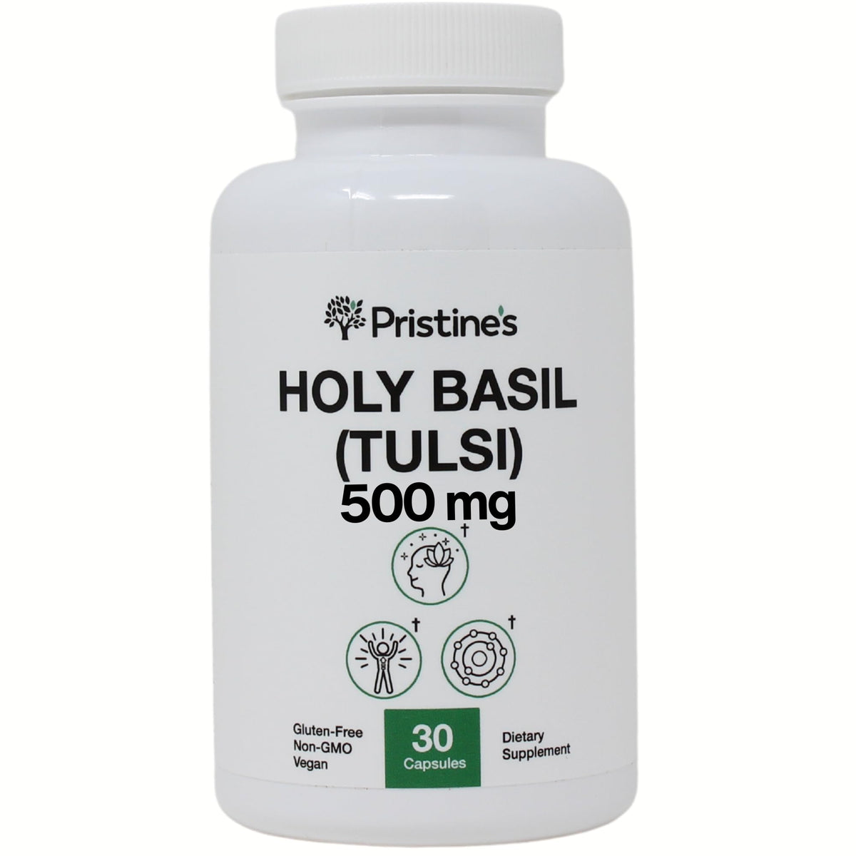 Authentic Pristines Holy Basil non-GMO supplement bottle