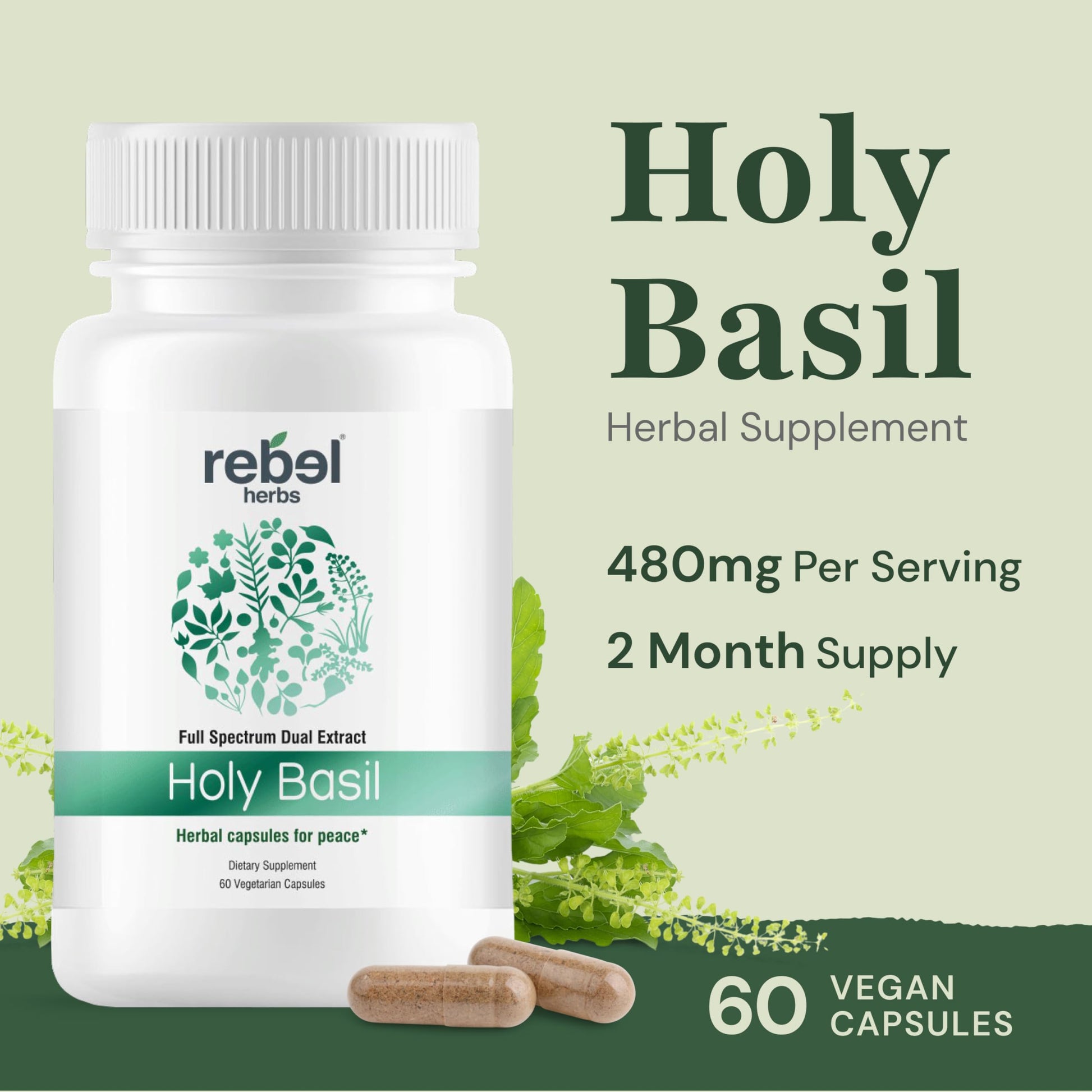 Rebel Herbs Holy Basil 480mg supplement bottle side view