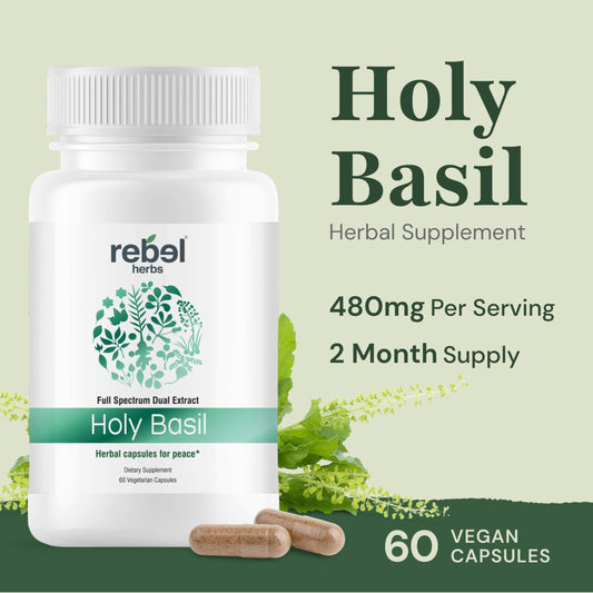 Rebel Herbs Holy Basil 480mg supplement bottle side view