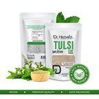 Dr. Herbalist Tulsi powder packaging detail showing organic leaves