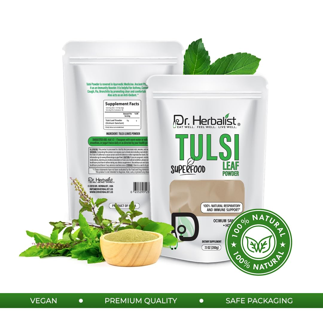 Dr. Herbalist Tulsi powder packaging detail showing organic leaves