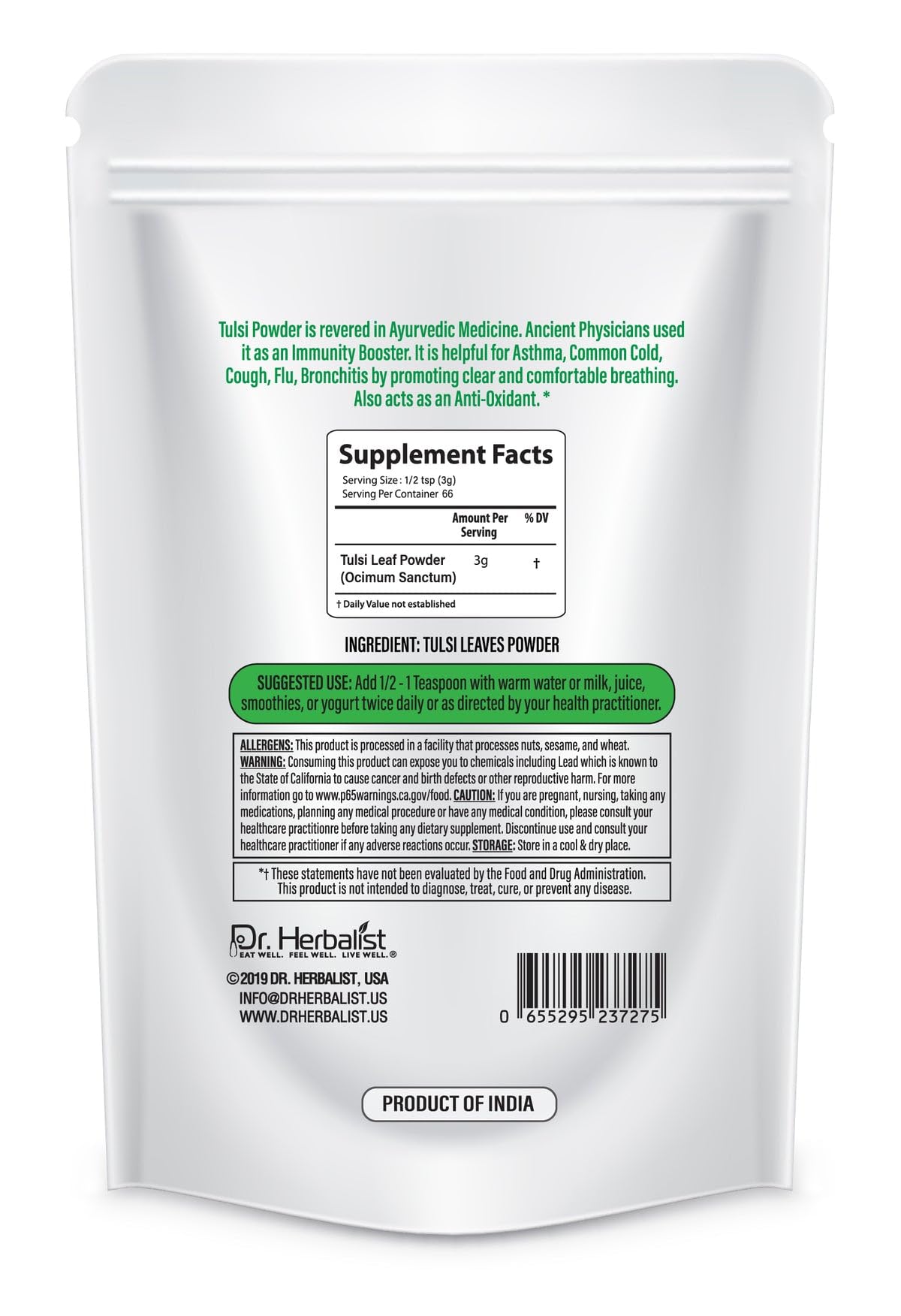 Dr. Herbalist Tulsi Superfoods supplement powder for herbal tea preparation