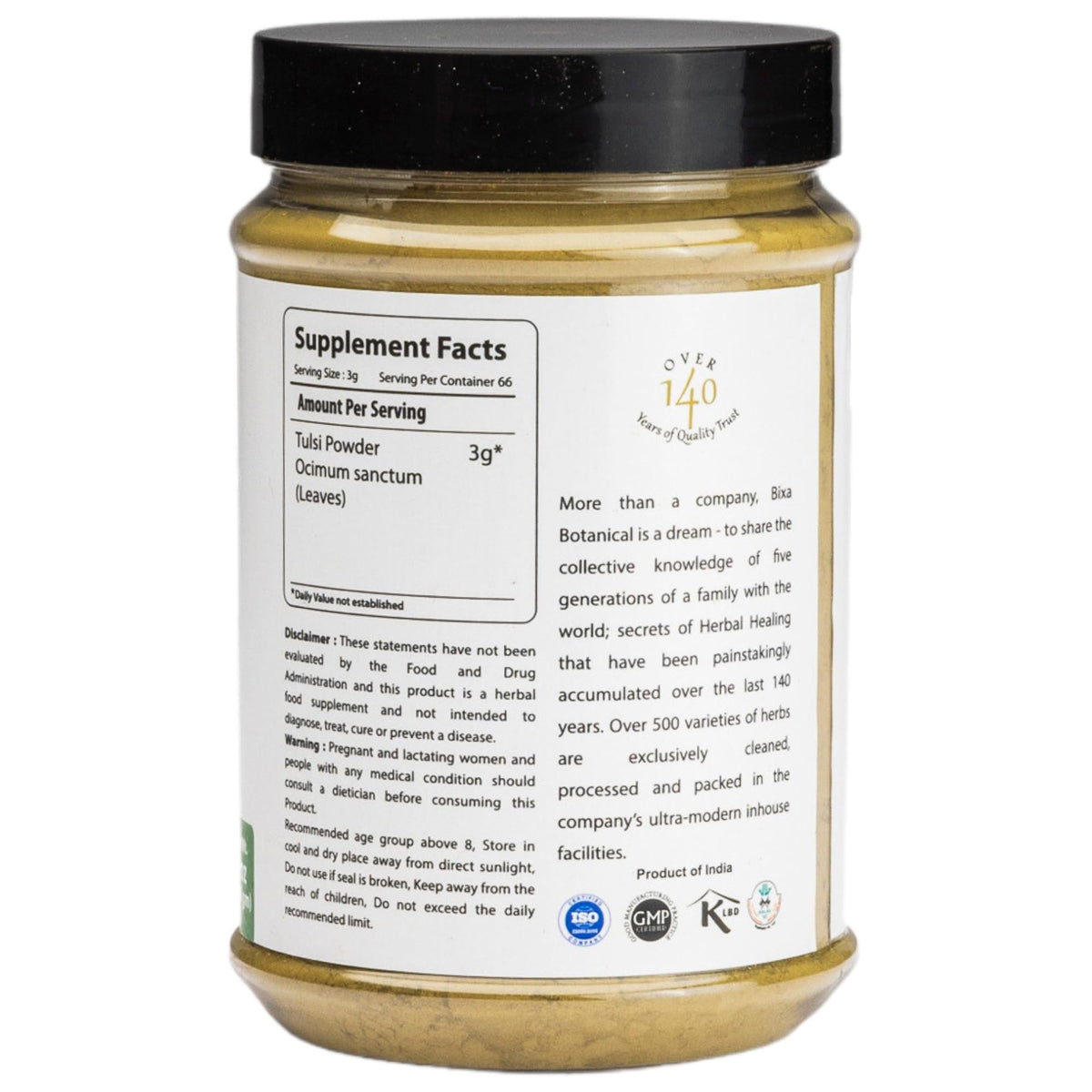 Bixa Botanical Ocimum sanctum powder label details