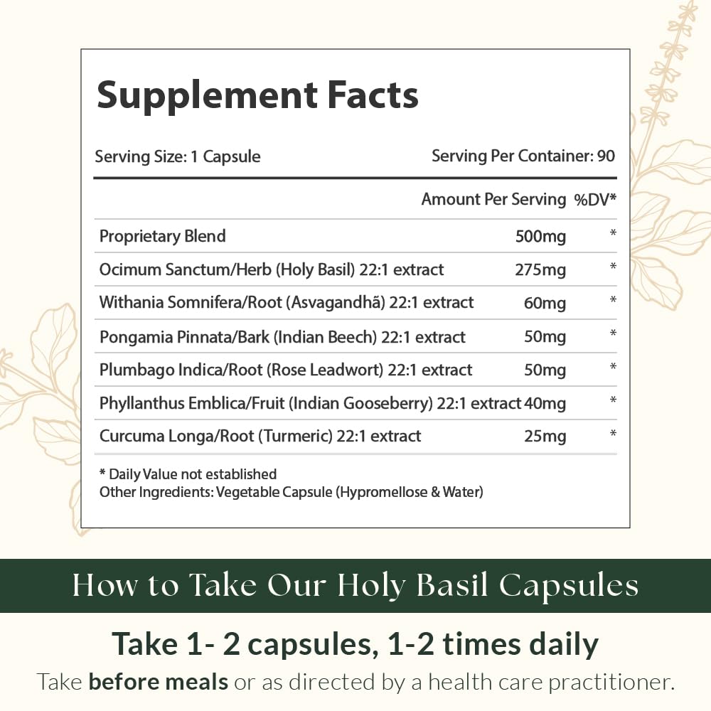 Back of Sewanti Holy Basil Plus bottle with usage instructions