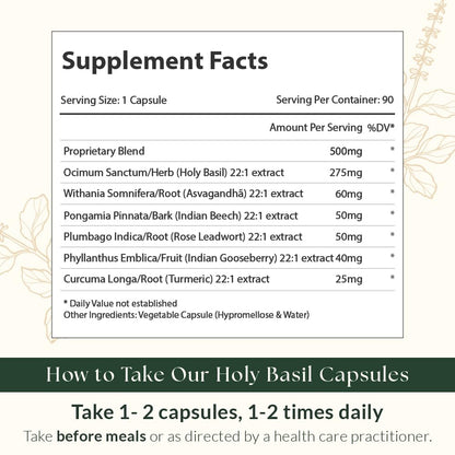 Back of Sewanti Holy Basil Plus bottle with usage instructions