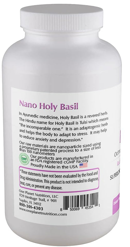 Close up of One Planet Nutrition Nano Holy Basil veggie capsules
