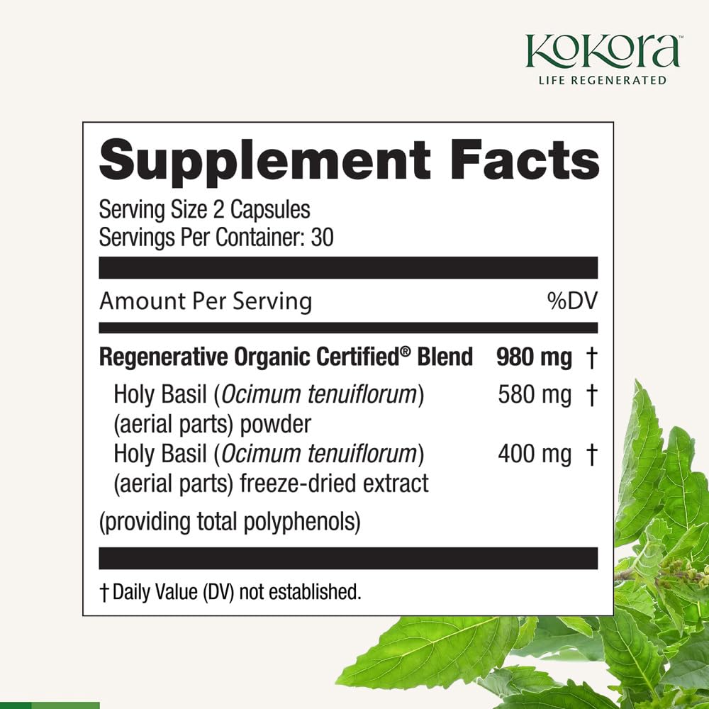 Close up of Kokora Holy Basil supplement label showing organic certification