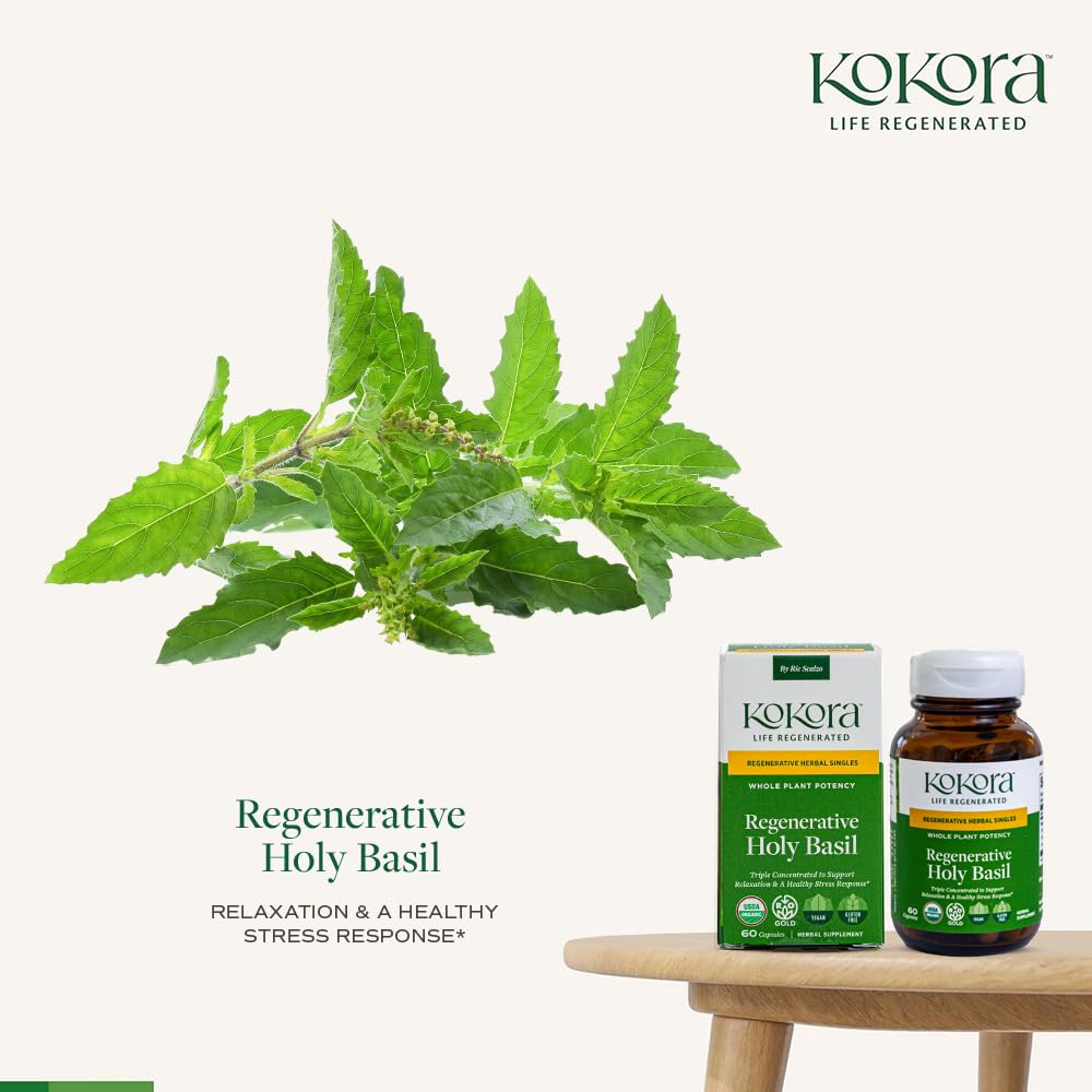 Kokora Regenerative Holy Basil bottle side view with ingredients