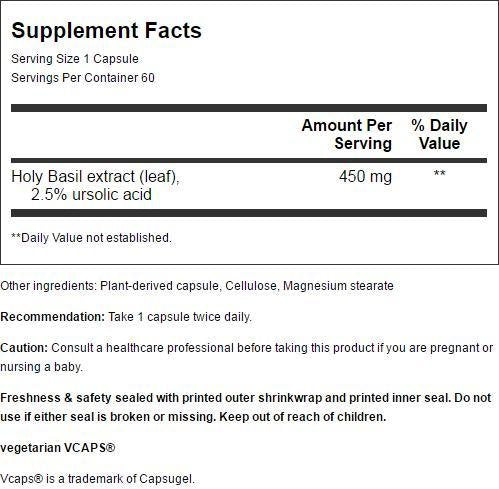 Natures Way Holy Basil supplement bottle nutritional facts and quality seal