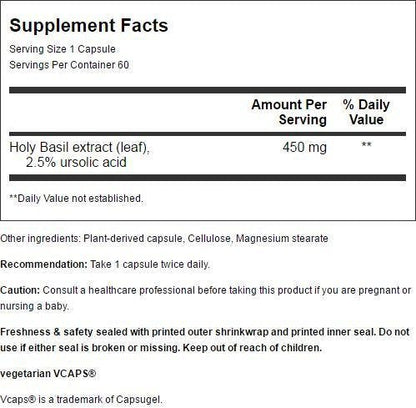 Natures Way Holy Basil supplement bottle nutritional facts and quality seal