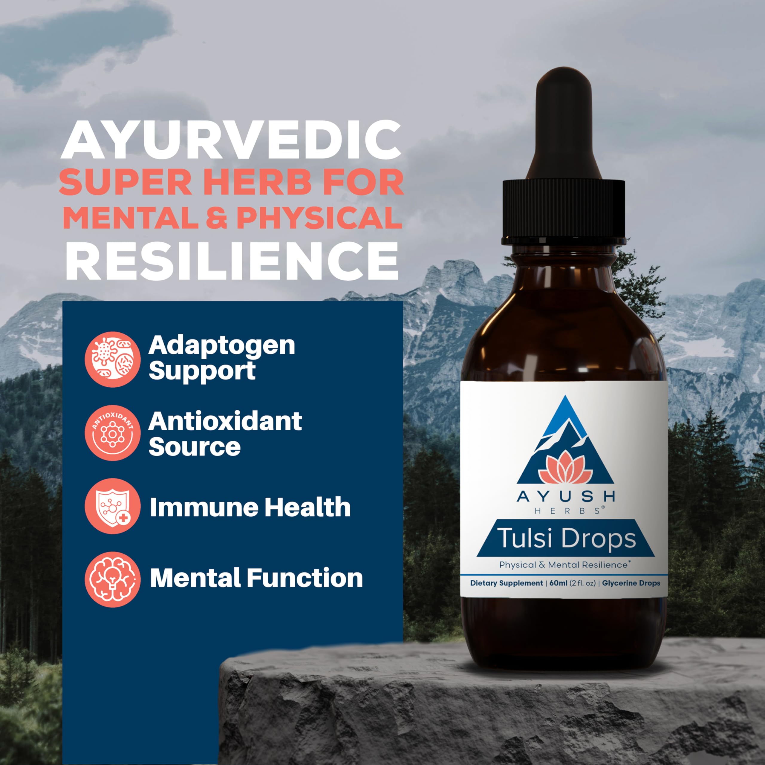 Ayush Herbs Tulsi Drops alcohol-free supplement label details