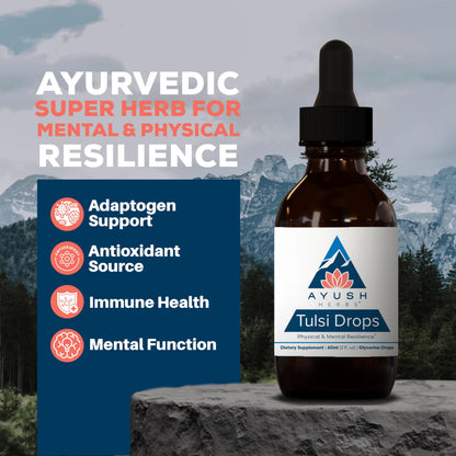 Ayush Herbs Tulsi Drops alcohol-free supplement label details