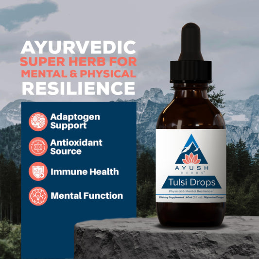 Ayush Herbs Tulsi Drops alcohol-free supplement label details