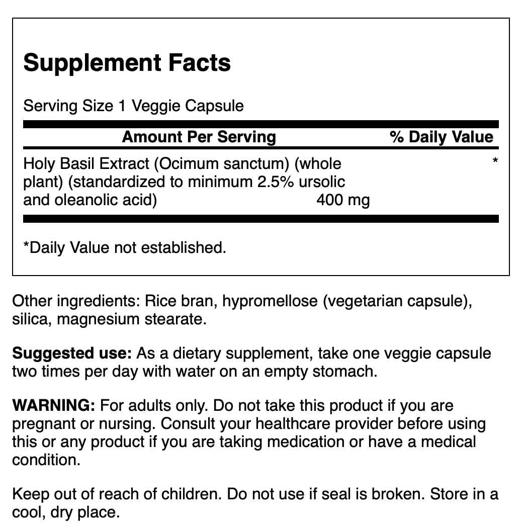 Swanson Holy Basil herbal supplement capsule bottle label details