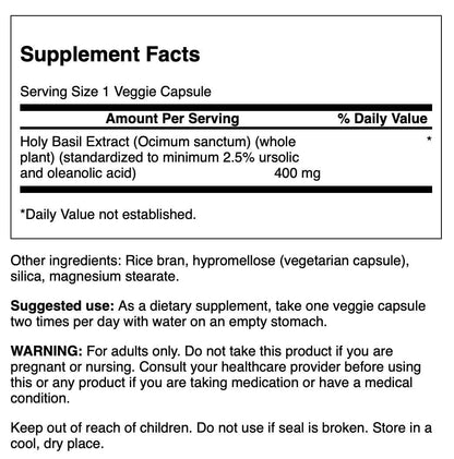 Swanson Holy Basil herbal supplement capsule bottle label details