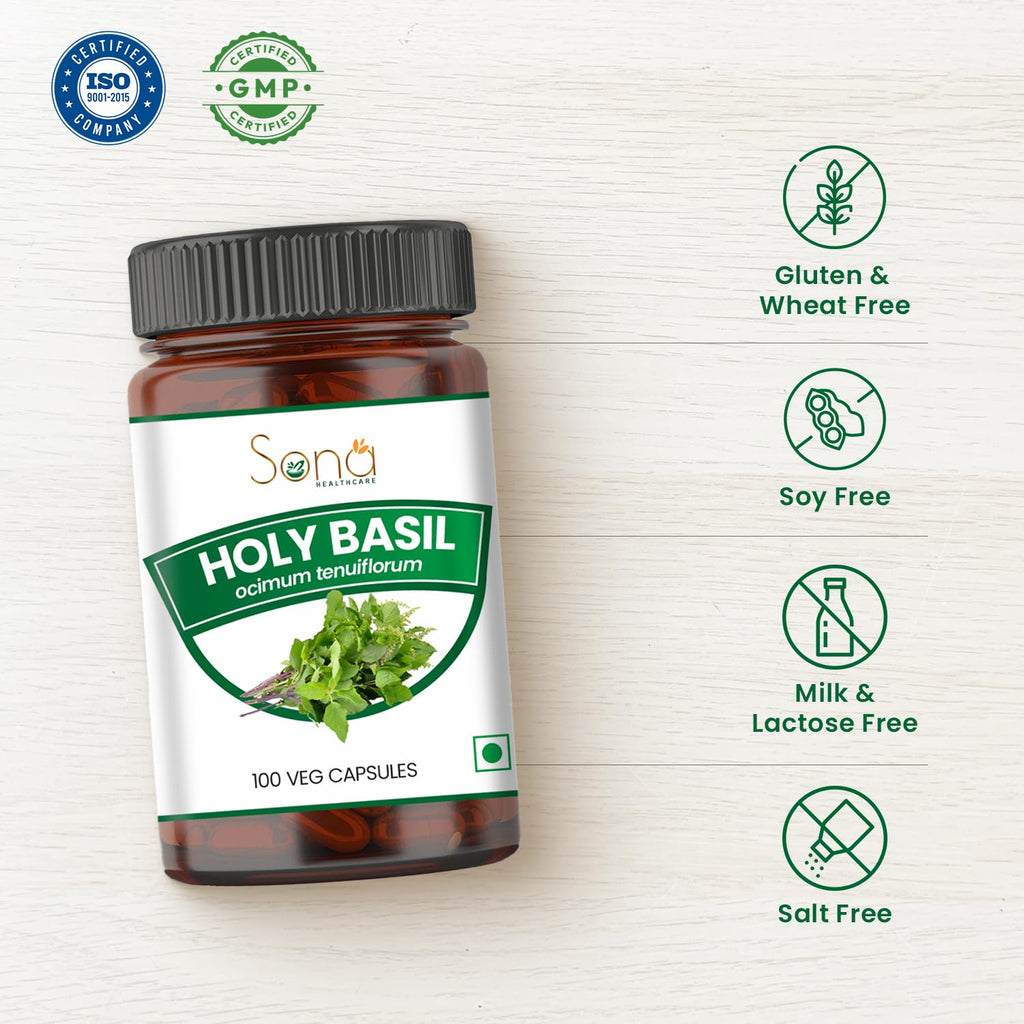 Sona Healthcare Holy Basil 100 capsule bottle side view