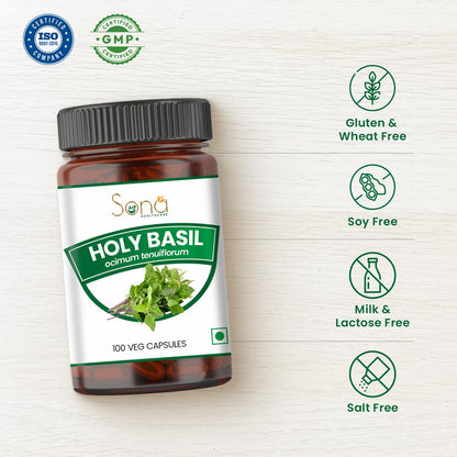 Sona Healthcare Holy Basil 100 capsule bottle side view