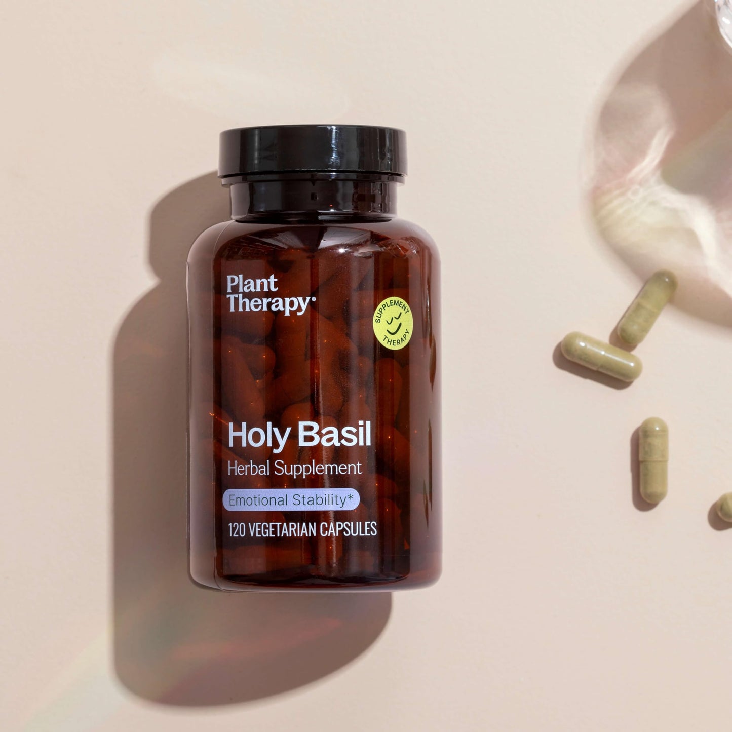 Plant Therapy Holy Basil vegetarian capsules bottle back label