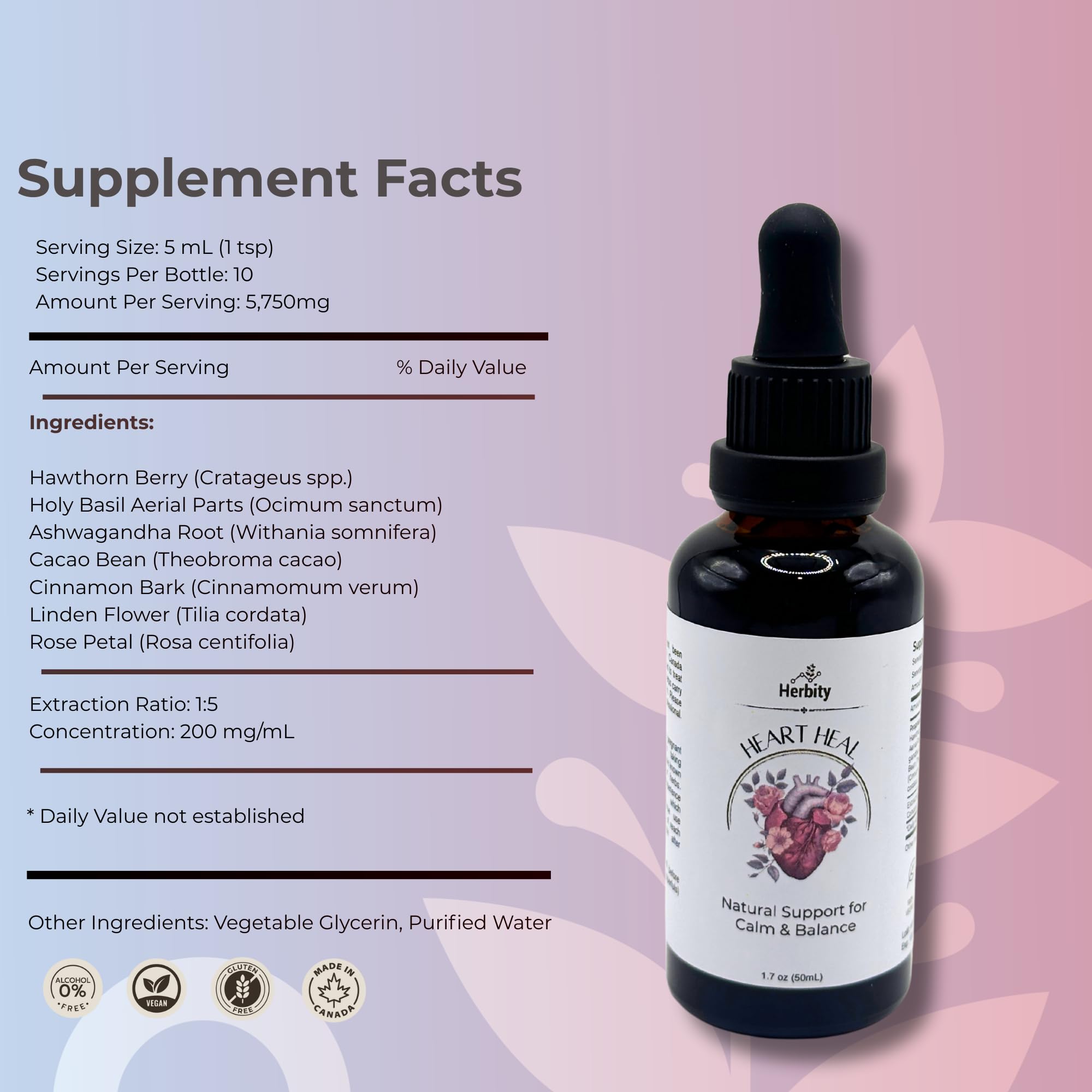 Close up of Herbity Heart Heal 1.7 Fluid Ounce bottle label