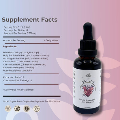 Close up of Herbity Heart Heal 1.7 Fluid Ounce bottle label