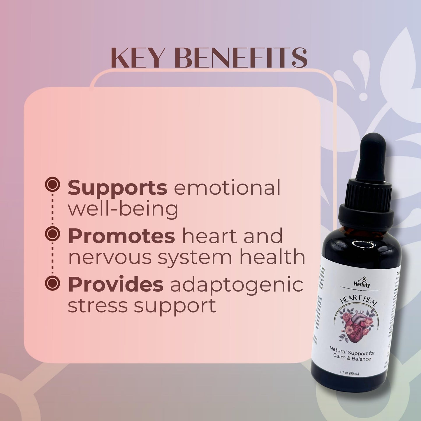 Herbity Heart Heal tincture bottle showing Holy Basil and Hawthorn ingredients