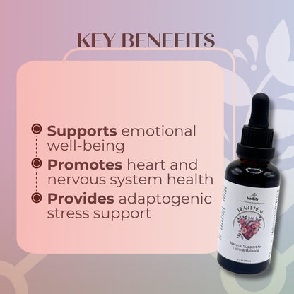 Herbity Heart Heal tincture bottle showing Holy Basil and Hawthorn ingredients