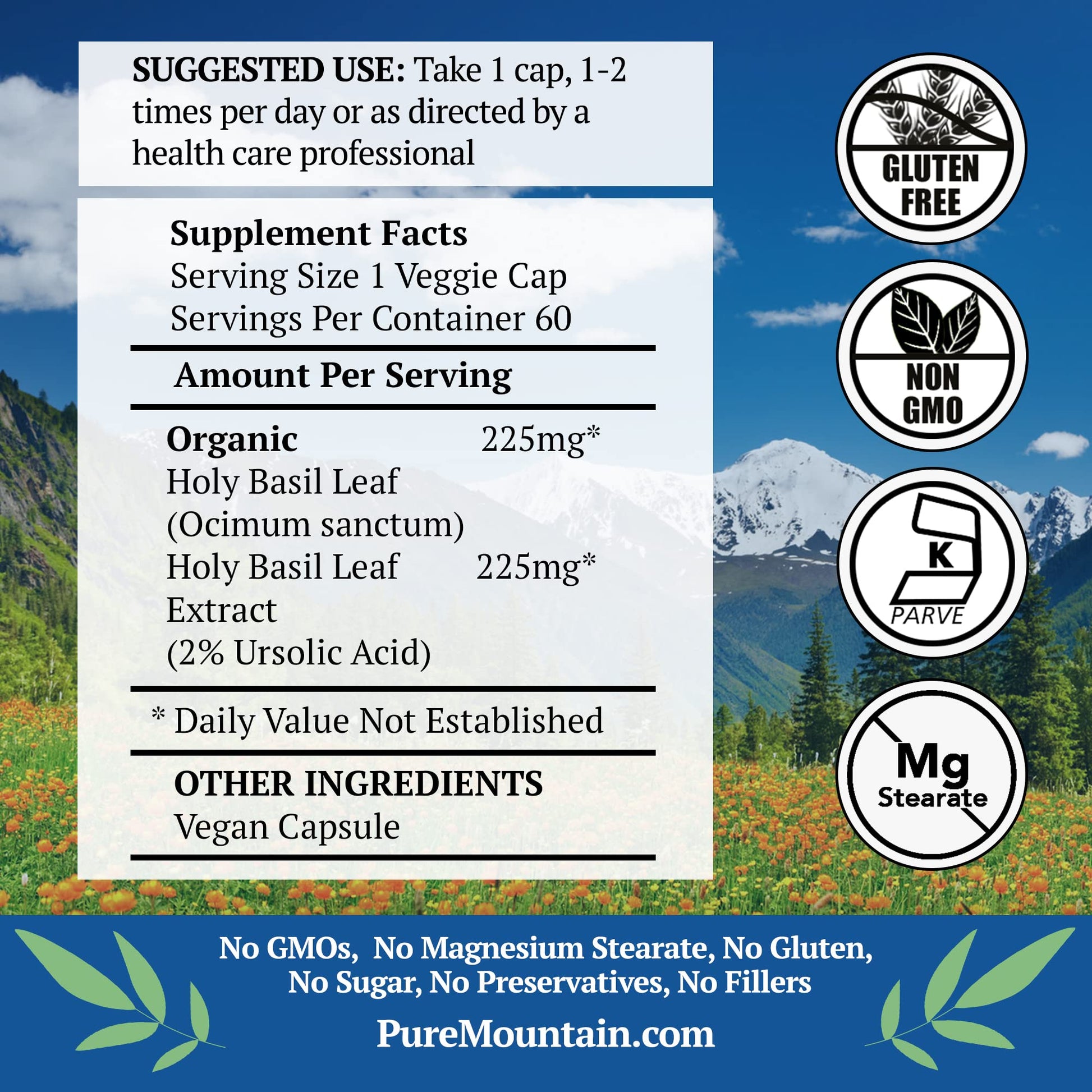 Pure Mountain Botanicals Tulsi supplement label details