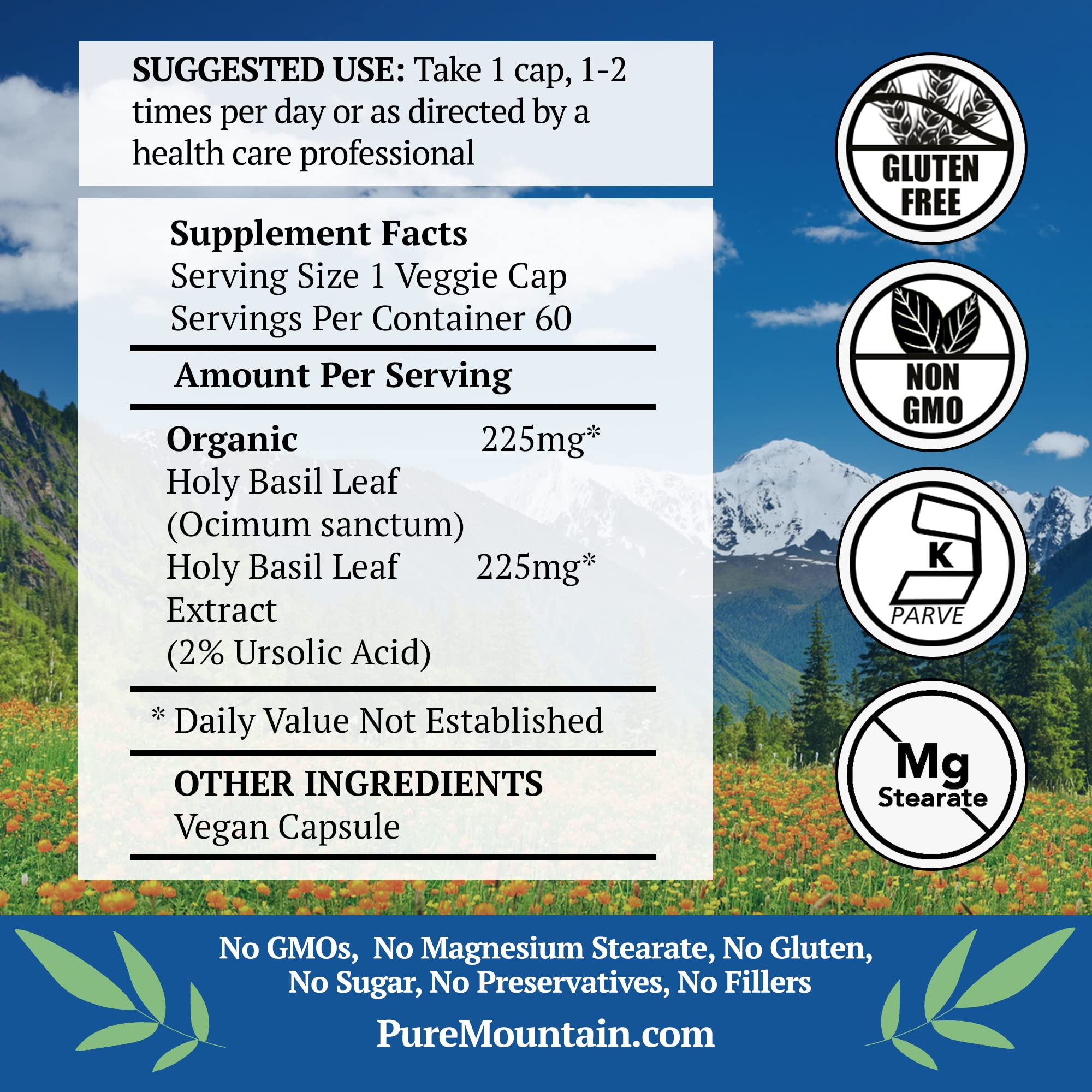Pure Mountain Botanicals Tulsi supplement label details
